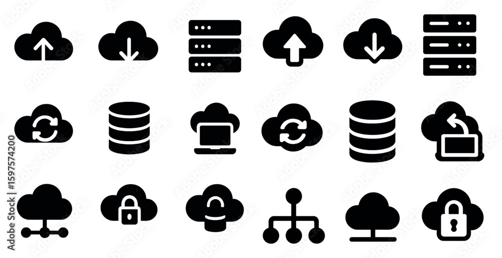 Poster cloud computing solid icons set – storage, data synchronization symbols