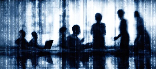 Silhouettes of people in a meeting, with a digital background