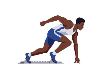 Runner at starting block athletic man wearing a blue and white uniform ready for race