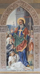 Obraz premium BOBBIO, ITALY - MAY 20, 2025: The fresco of St. Syrus in Cathedral (Santa Maria Assunta) by Luigi Morgari from end of 19. cent.