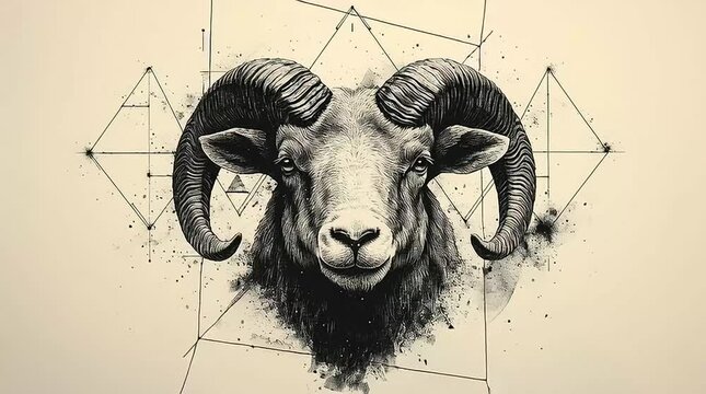 Stylized ink drawing of a Capricorn ram in polygonal form, uniting celestial meaning with sharp minimal lines.