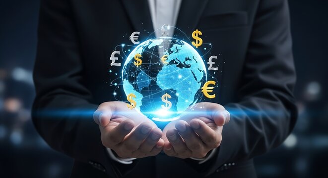 Global Finance Business: Man holding Earth globe with currency symbols, international economy, investment opportunities, financial market, digital world, future finance. Illustration