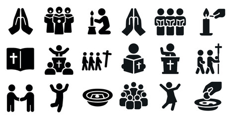 Religious solid icons set – filled, praying, church and worship symbols