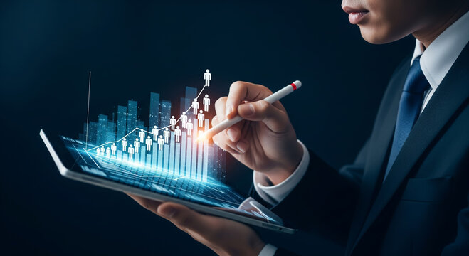 Businessman interacting with futuristic digital cityscape on tablet