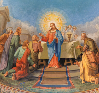 PIACENZA, ITALY - MAY 21, 2025: The fresco of &ldquo;Istituzione dell&rsquo;Eucaristia&rdquo; - Institution of the Eucharist in the church Chiesa del Corpus Domini by Giuseppe and Nazareno Sidoli (1938).