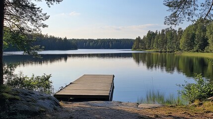 Tranquil lake scene with wooden dock. Lush forest surrounds a calm body of water