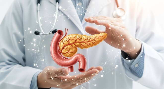 Doctor Protecting Pancreas: Digital Health Innovation for Pancreatic Care, Medical Illustration, Healthcare Technology Illustration