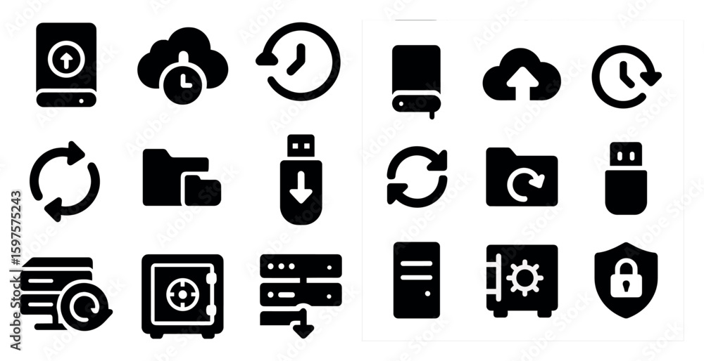 Poster data backup solid icons set – filled, secure, cloud storage symbols