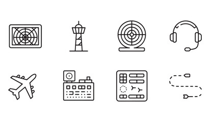 Airplane radar air traffic control tower headphones control panel and flight path icons aircraft aviation
