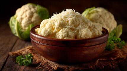 freshly grated raw cauliflower in a large bowl, with soft shadows and natural light, rustic table surface