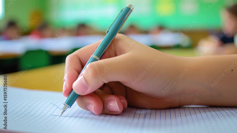 Poster student focuses on taking notes with pen in classroom setting during a learning session, student han