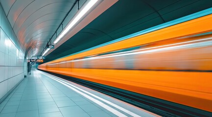 Orange train speeds through modern subway station (1)