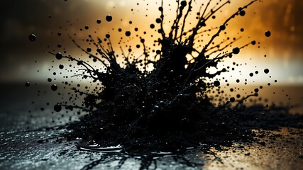 Photo of a dramatic black ink explosion bursts outwards with fine droplets and particles