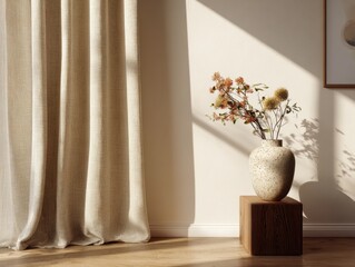 A vase with flowers sits on a wooden box. The vase is white and the flowers are orange