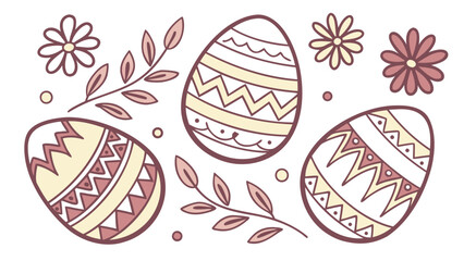 Illustration of easter eggs with floral elements and geometric patterns in pastel colors on white background