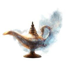 An ornate, gold oil lamp, emanating magical, ethereal blue smoke, rests on a small base