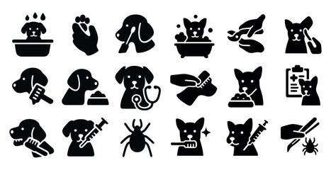 Fototapeta premium Pet care solid icons set – filled, grooming, veterinary imagery symbols