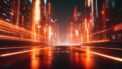Futuristic city street at night with glowing orange lines