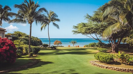 Tropical garden with ocean view. Lush green lawn, palm trees, flowering bushes, and a clear blue ocean in the distance