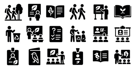 Environmental education solid icons set – flat, filled, recycling, teaching symbols
