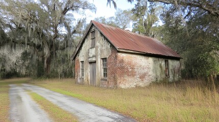 Weathered brick building, rusty roof, beside a road
