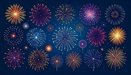 collection set of fireworks on the dark background