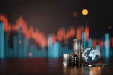 Stacked coins with a globe, financial charts in the background