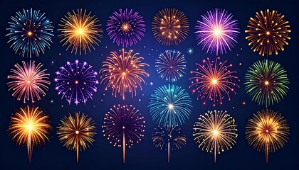 collection set of fireworks on the dark background