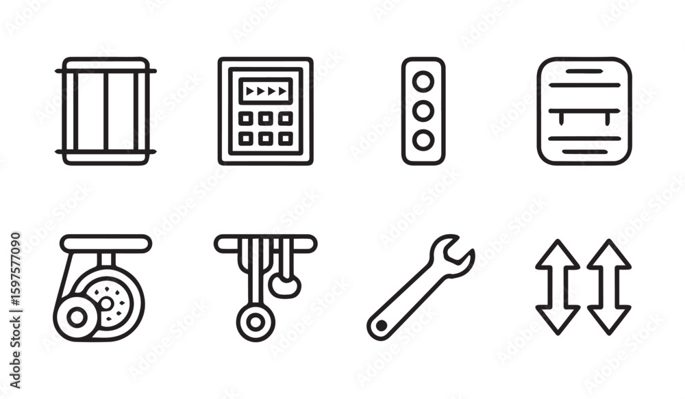 Poster collection of eight black line art icons representing various objects and concepts graphic