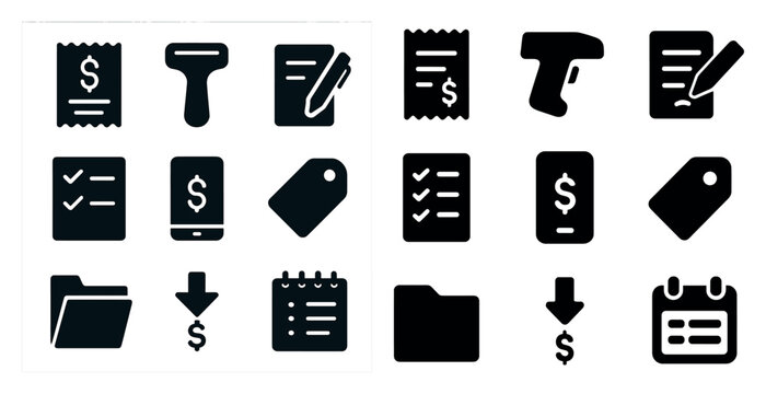 Finance and business solid icons set – outline, filled, accounting and billing tools