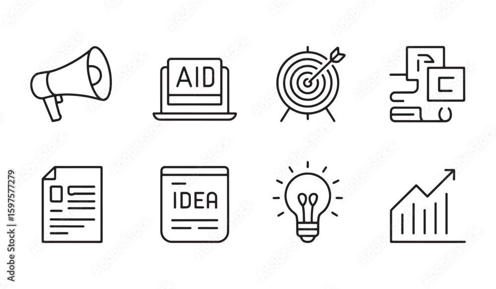 Poster collection of eight black outline icons representing business and communication concepts vector