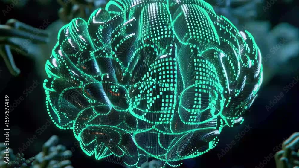 Poster Digital brain rendered with green binary code illustrating advanced technology and artificial intelligence concepts, Digital brain of green binary code 3D render