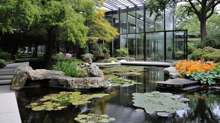Naklejka premium Modern garden with pond, rocks, and glass house