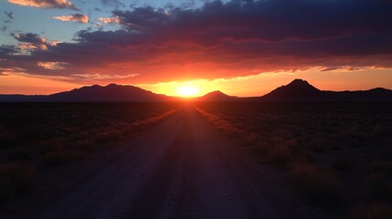 Obraz premium Desert sunset, dirt road stretches into horizon