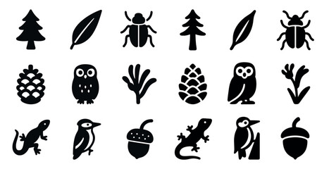 Obraz premium Nature and wildlife solid icons set – silhouette, filled, animal and plant symbols