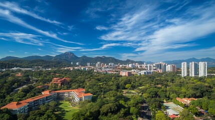 Fototapeta premium Cityscape panorama with mountains, lush greenery, and buildings