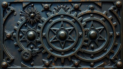 Obraz premium Pentagram on a Steampunk Wall – Rusted Metal Magic Circle Design (AI-Generated)