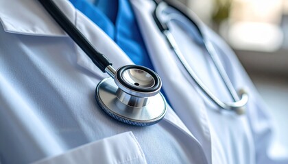 Close-up of a stethoscope resting on a white medical lab coat, symbolizing medical profession and care.