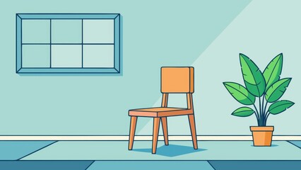 Minimalist room interior with a single chair and a potted plant near a window
