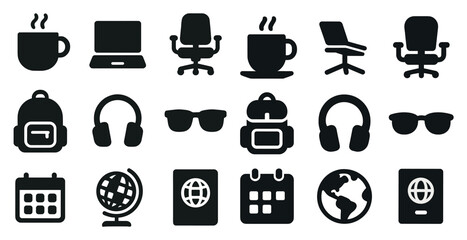 Office and travel solid icons set &ndash; filled, silhouette, productivity and leisure tools