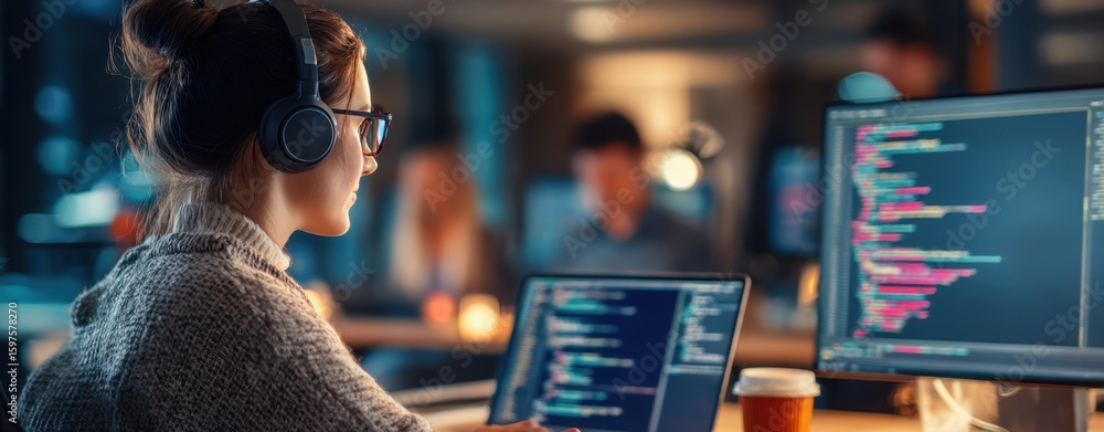 Poster the programmer coding in a modern workspace with headphones on.