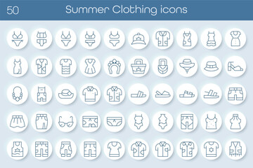 Set of line icons featuring summer clothing. Includes t-shirts, dresses, shorts, swimsuits, hats, sandals and sunglasses. Ideal for fashion, travel, beach, shopping and seasonal design projects.