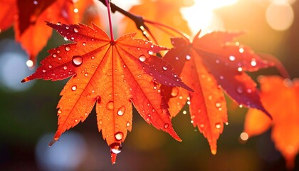 Red maple leaves with water droplets illuminated by sunlight, conveying vibrant autumn colors and natural beauty.