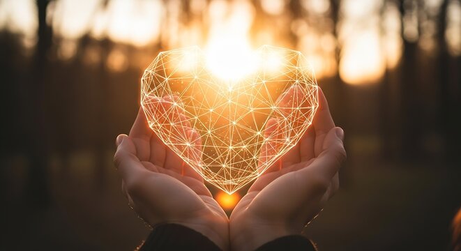 Hands holding glowing heart with geometric design in sunset, love, connection, technology concept, digital art Illustration