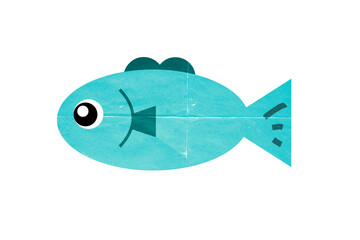 青のかわいい魚　折り紙、切り絵調　