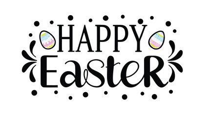 Happy easter text with decorative dots and swirls and easter eggs on a white background design vector