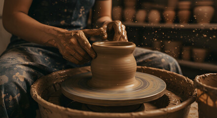 A close-up of a potter's hands skillfully shaping a wet clay pot on a spinning pottery wheel in an artisan workshop.