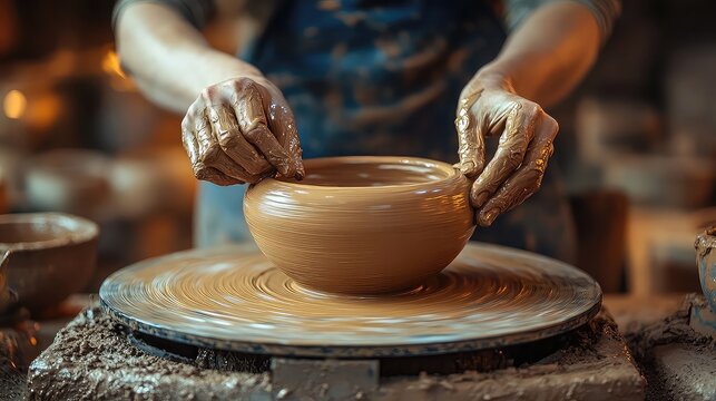 Pottery and ceramics studio with spinning wheel, clay pots being shaped, hands molding material, natural lighting, creative handmade vessels, earthy tones highlighting artisan craft process