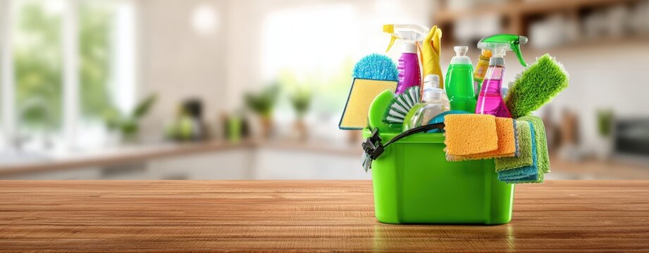The colorful cleaning supplies arranged neatly in a vibrant green bucket.