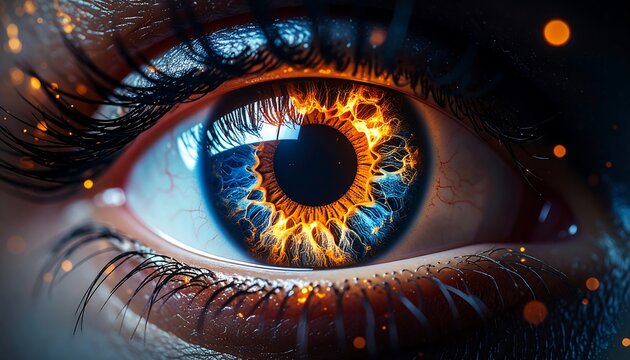 Extreme close-up of a glowing eye with fiery pupil, conveying intense vision, power, and abstract concepts